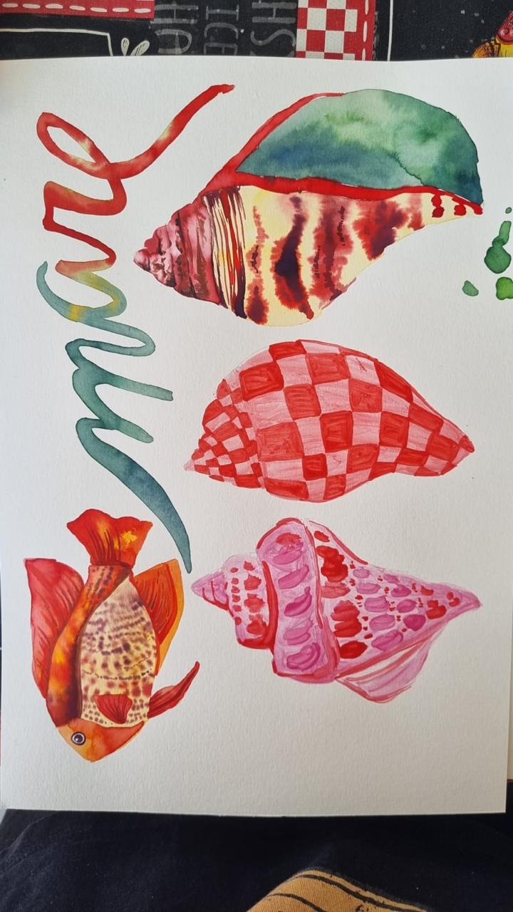 Watercolor shells and a fish painted around hand-lettered script