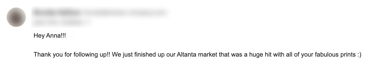 Email from a client after a trade show, sender redacted