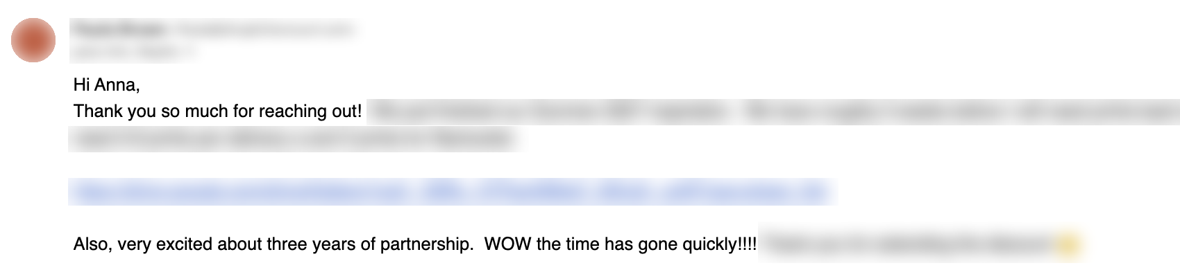 Email from a client in the third year of working together, sender redacted