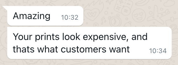 Client message about how the prints read to customers